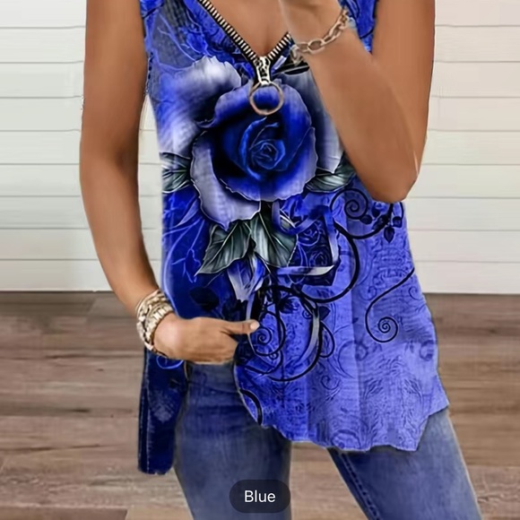 🔴 CLEARANCE 🏷️ NWT 💙 ROYAL BLUE/BLACK ROSE ZIPPER TANK TOP BLOUSE Women’s 4X 20 - Picture 2 of 9